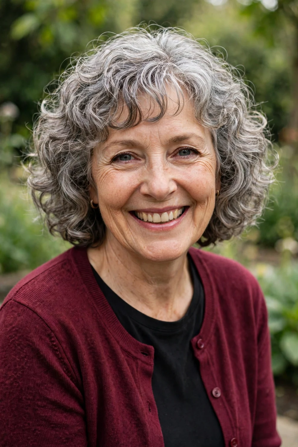 Older woman with an oval face wearing a gray salt-and-pepper chin-length curly bob with curly bangs