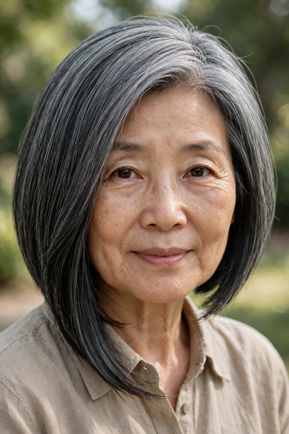 Woman in her late 60s with gray wedge haircut, side view