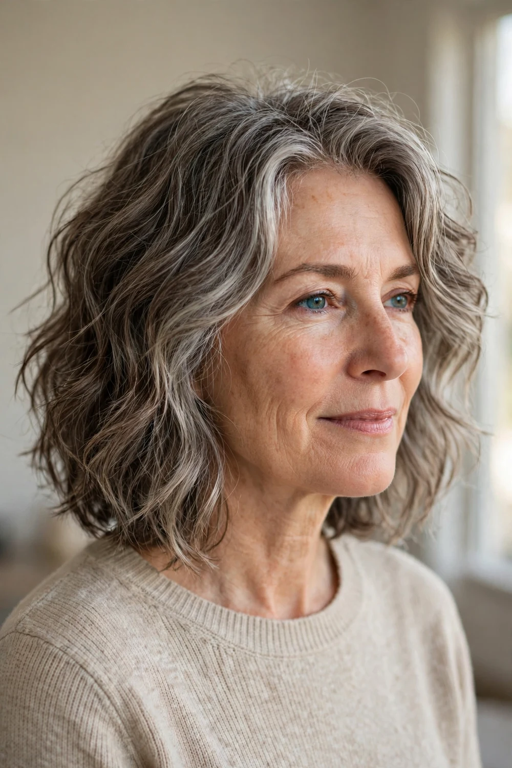 Woman with a grown-out wavy bob hairstyle