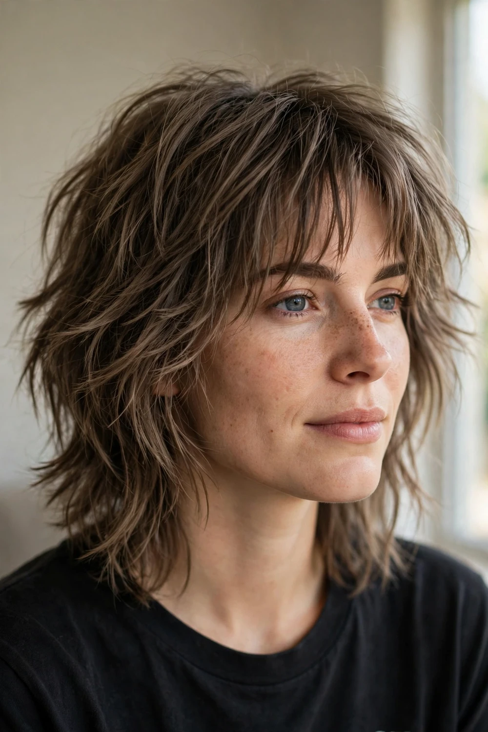 Woman with ash brown hair in a grunge-inspired shag with jagged layers and curtain bangs