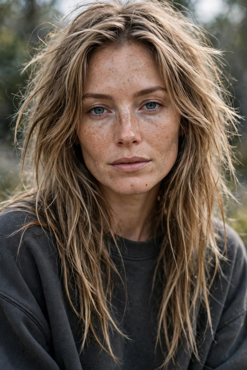 Woman with a grunge messy long shag haircut, jagged ends and imperfect bedhead texture
