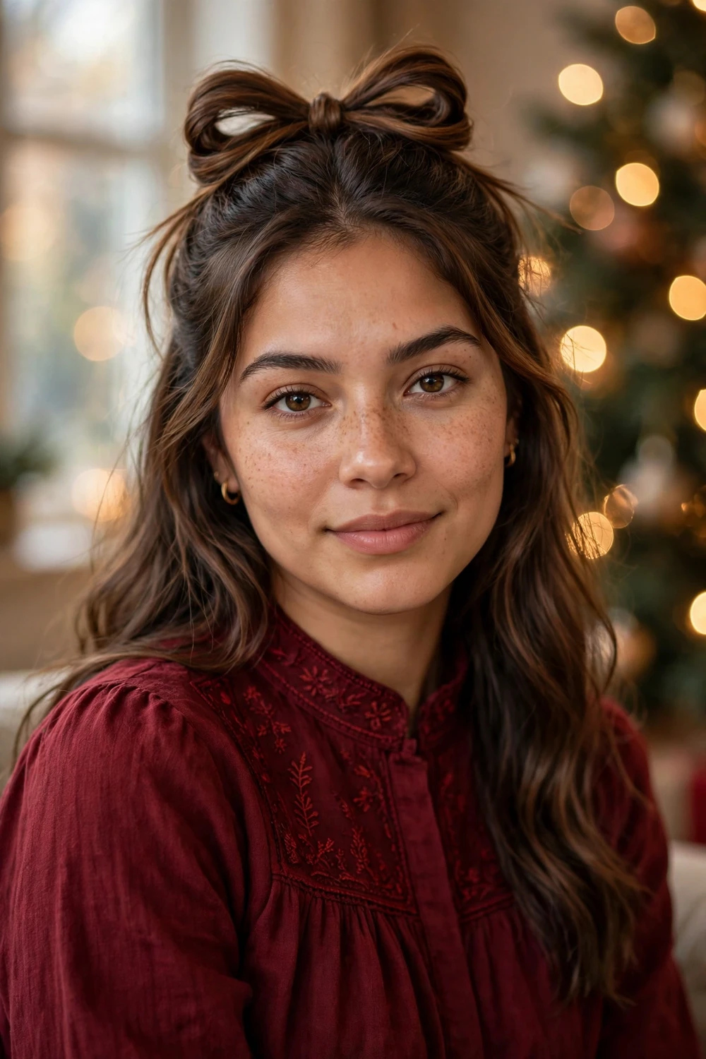 Woman with hair sculpted into a bow shape in a half-up style