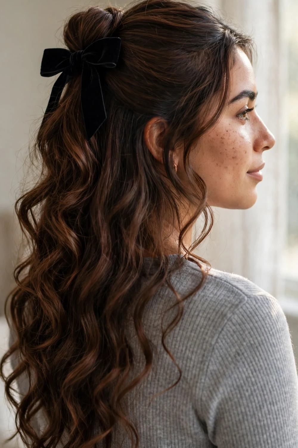 Woman with chestnut long hair in a half-up hairstyle with a velvet hair bow