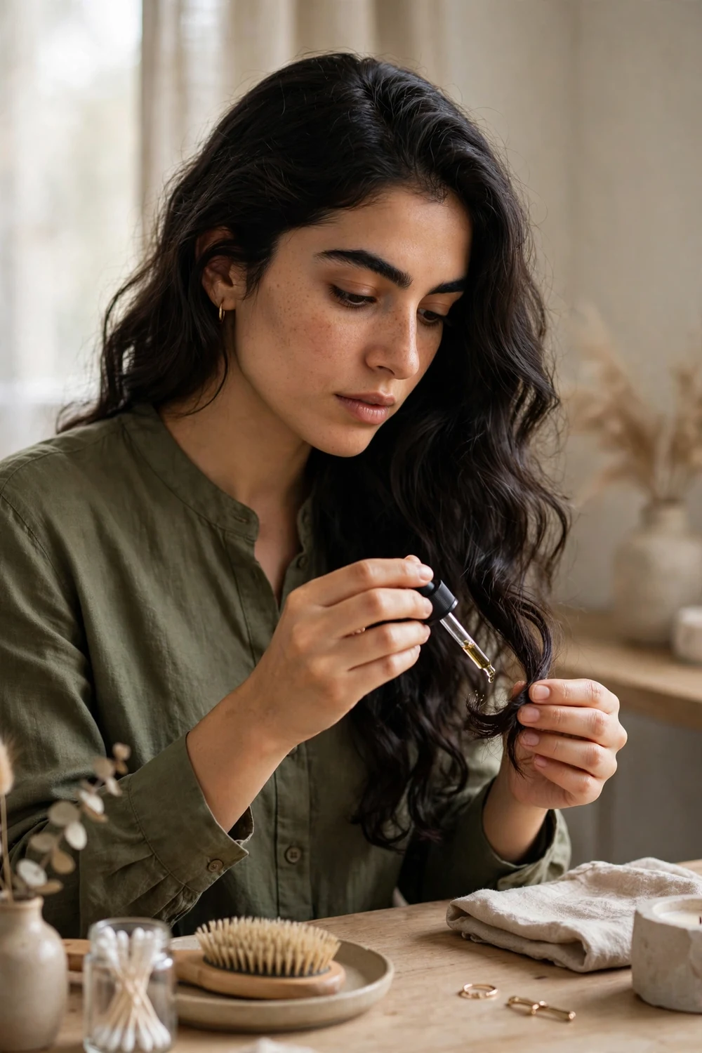 Woman applying anti-frizz hair oil to the ends of her hair