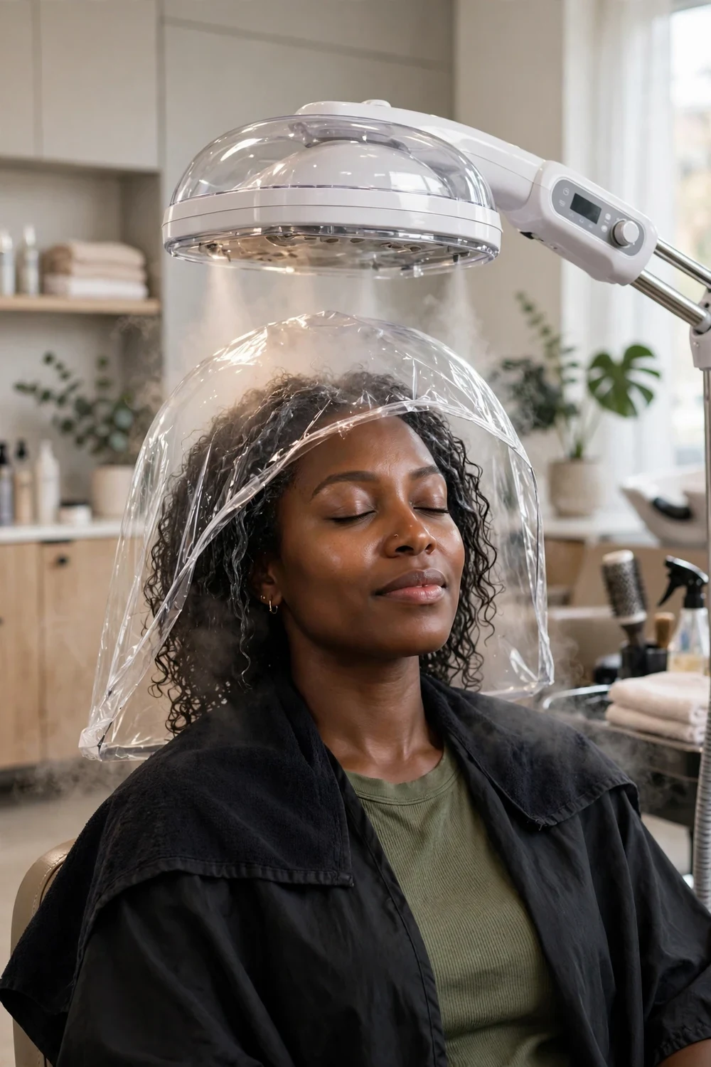 Woman sitting under a professional hooded hair steamer in a salon