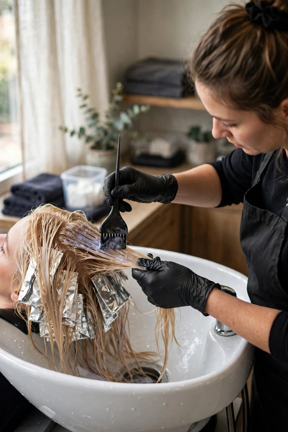 Hairstylist toning freshly highlighted hair at the shampoo bowl