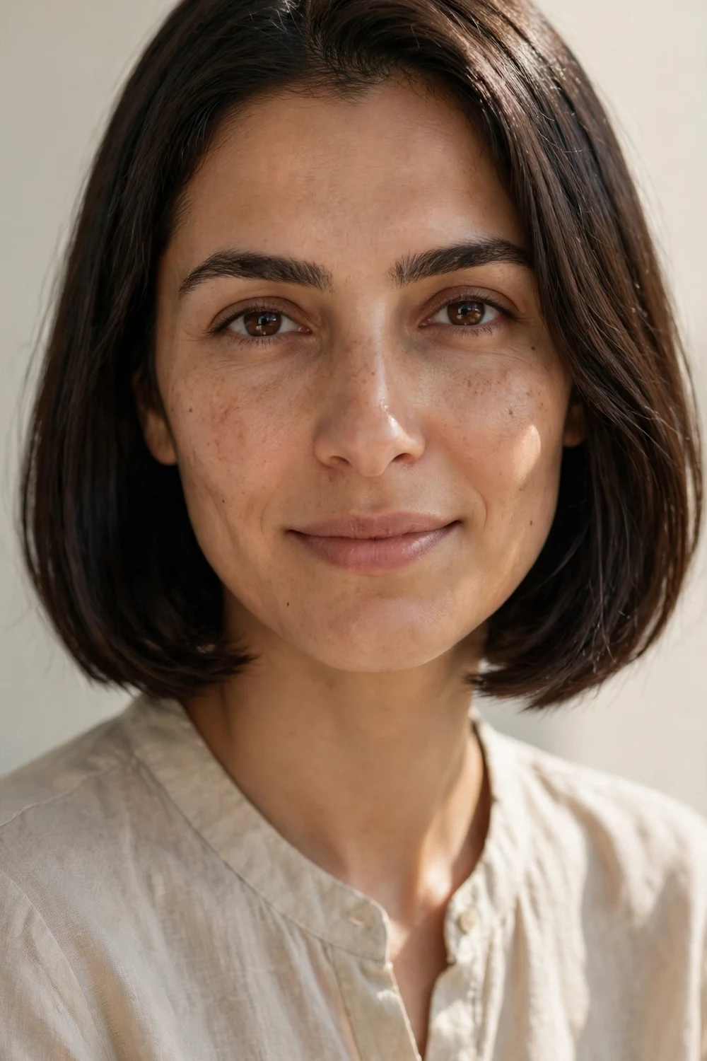 Heart face woman with chin-length bob adding width at the jawline