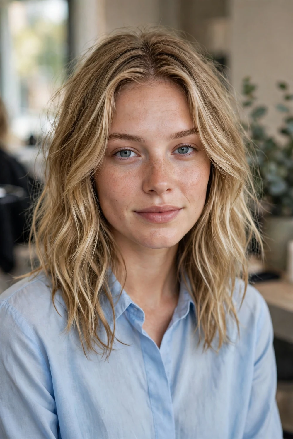 Woman with beach waves on sandy-blonde medium-length hair showing loose tousled waves