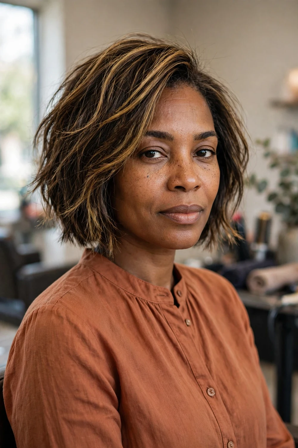 Woman with a choppy medium bob showing piecey ends and honey-blonde highlights in dark brown hair