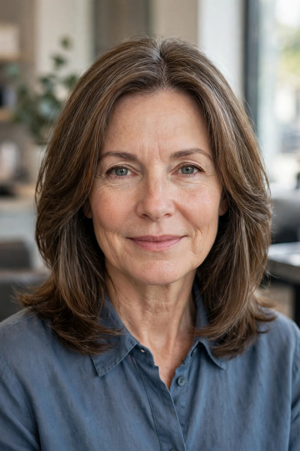 Woman with classic shoulder-length layers in chestnut-brown hair with natural gray blending