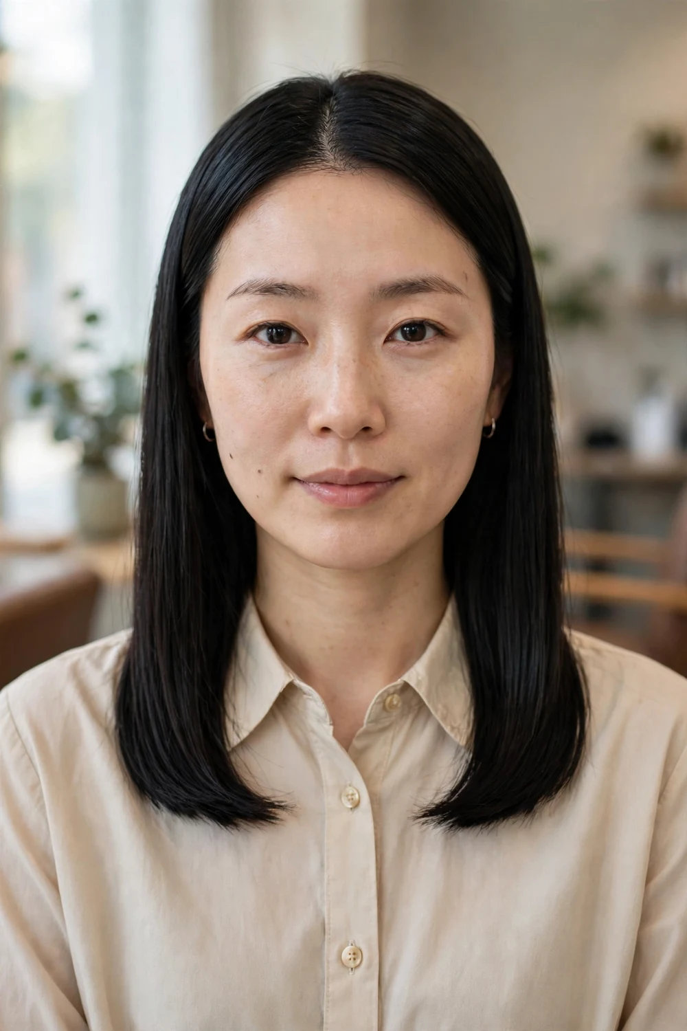 Woman with a collarbone-length straight cut showing sleek glossy black hair resting at the collarbones