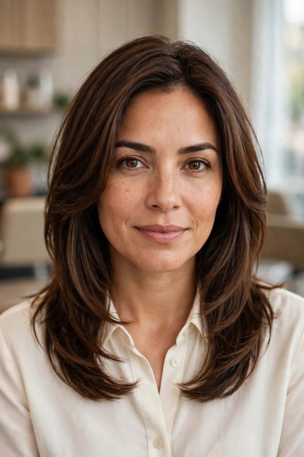 Woman with face-framing layers in warm chocolate-brown medium-length hair falling to the collarbones