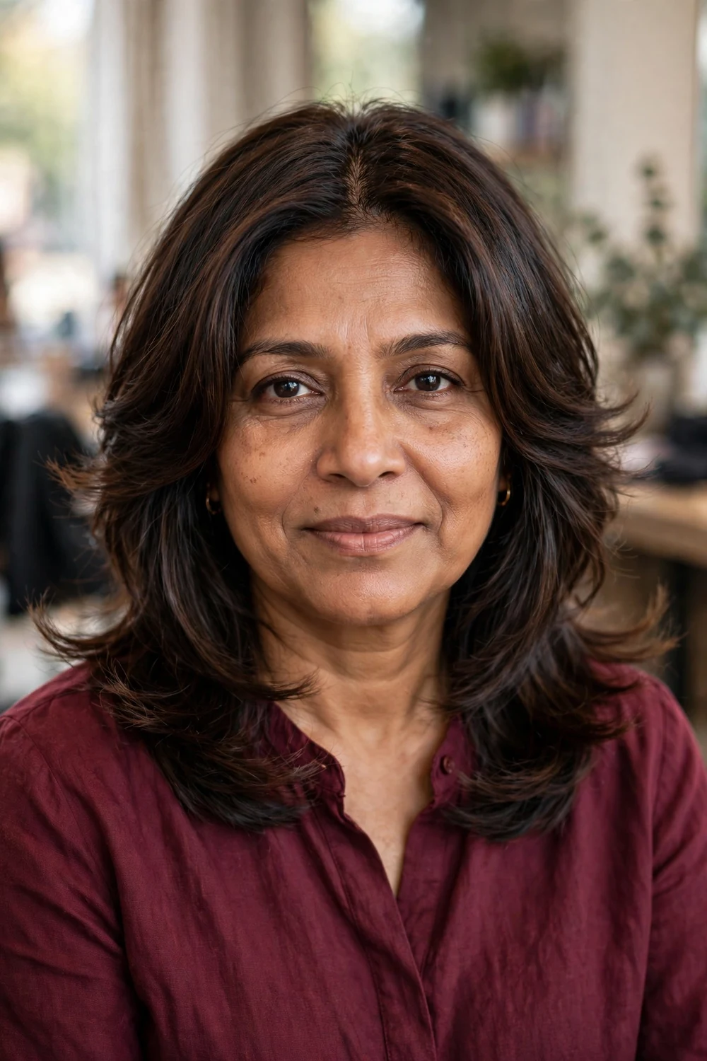 Woman with a feathered shoulder-length haircut showing soft outward-flipping layers in dark brown hair