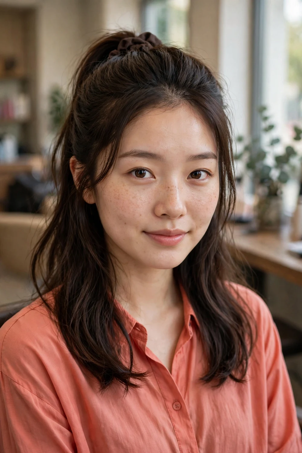 Woman with a half-up hairstyle on medium-length dark brown hair with the top section pulled back