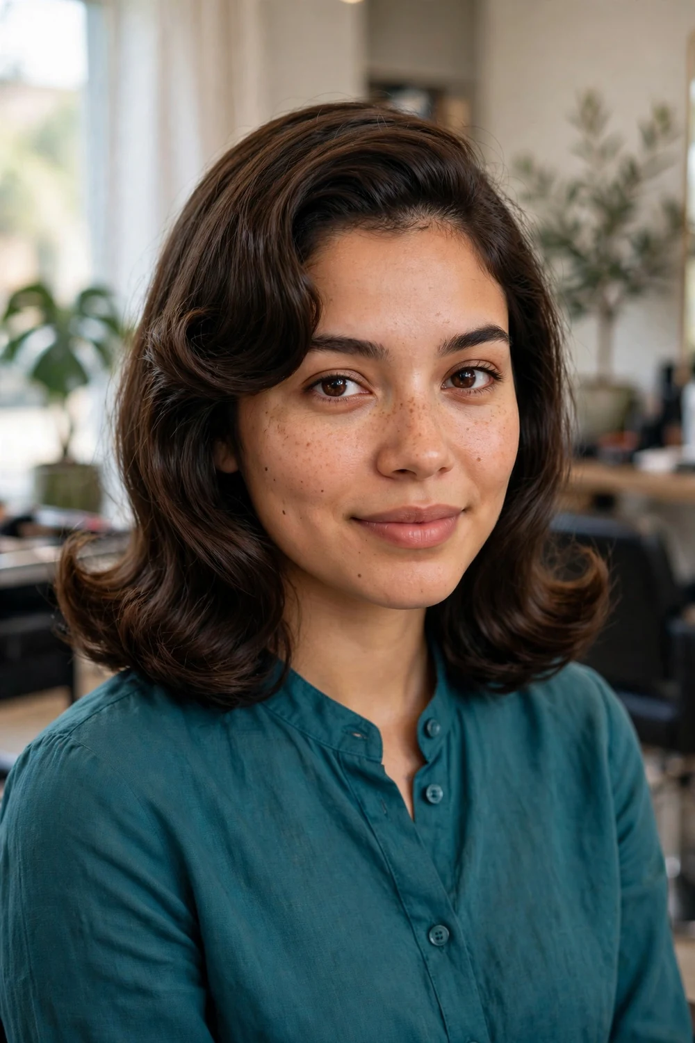 Woman with medium-length dark brown hair styled with retro flipped-out ends