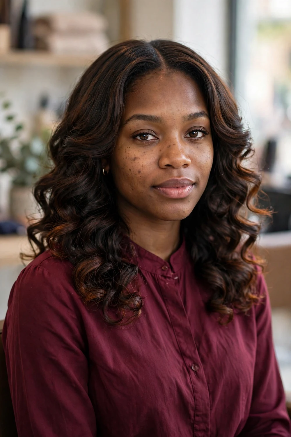 Woman with loose big curls in dark brown medium-length hair with a subtle auburn tint