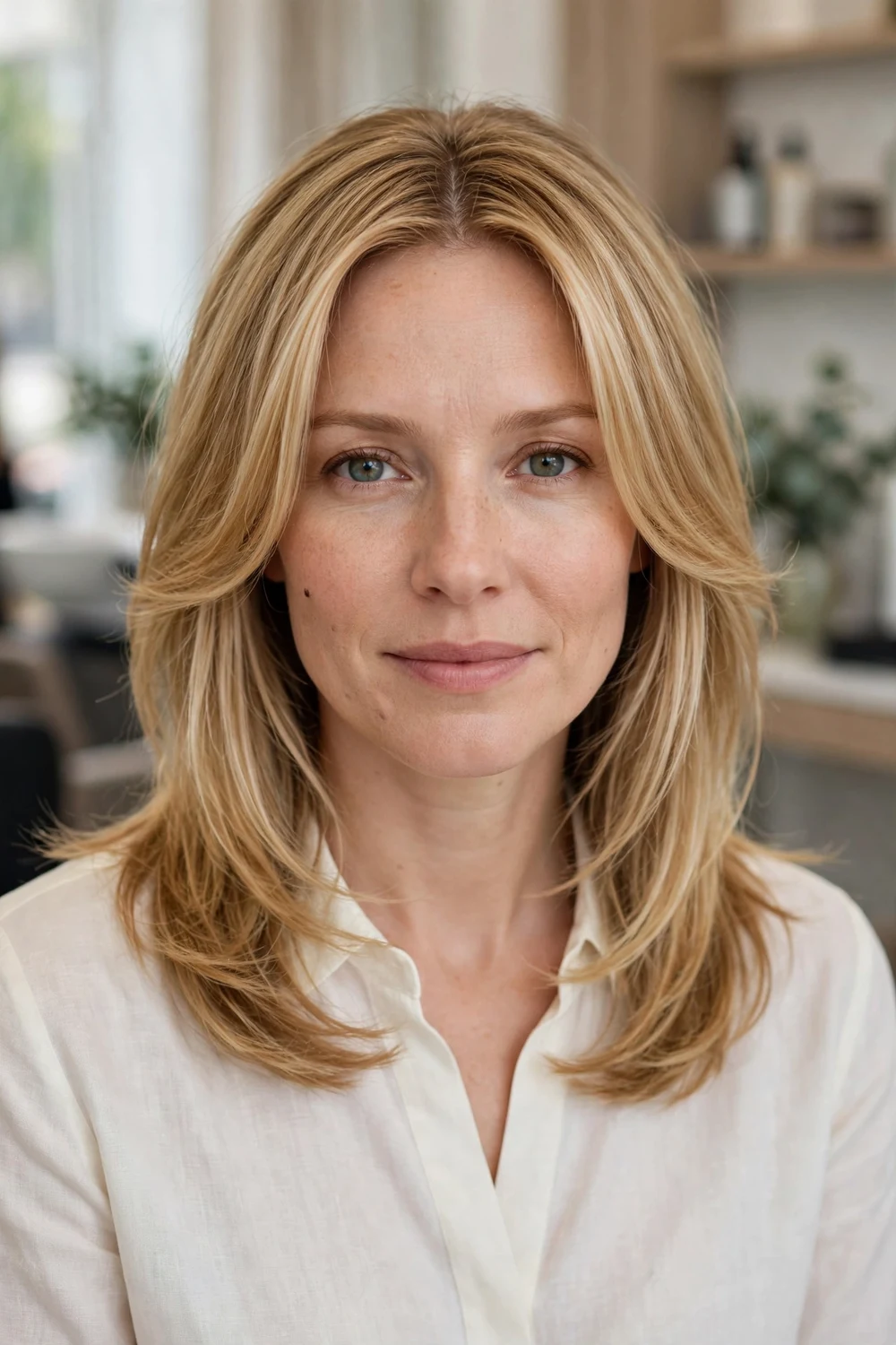 Woman with medium-length golden-blonde hair styled with soft curtain layers parted in the middle