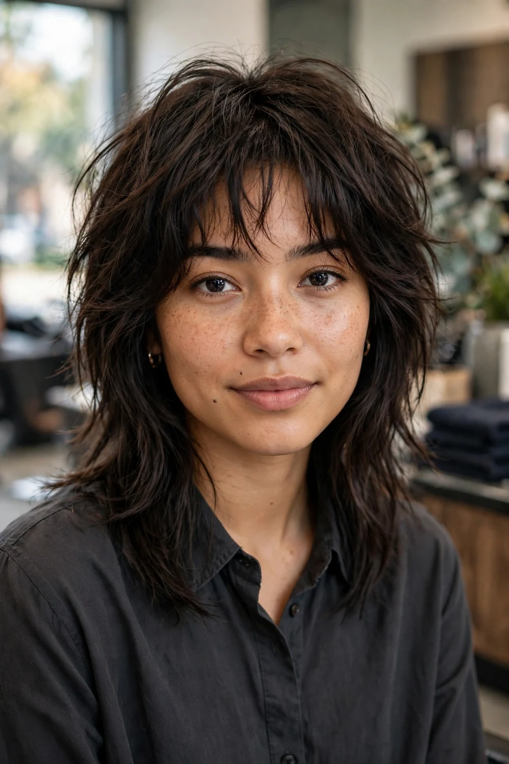 Woman with a medium wolf cut showing choppy textured layers and wispy bangs in espresso-brown hair