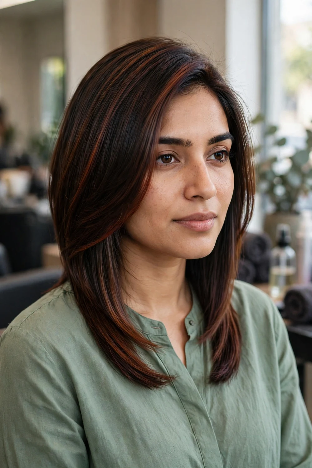 Woman with a modern angled lob showing hair shorter at the back and longer at the front with auburn balayage