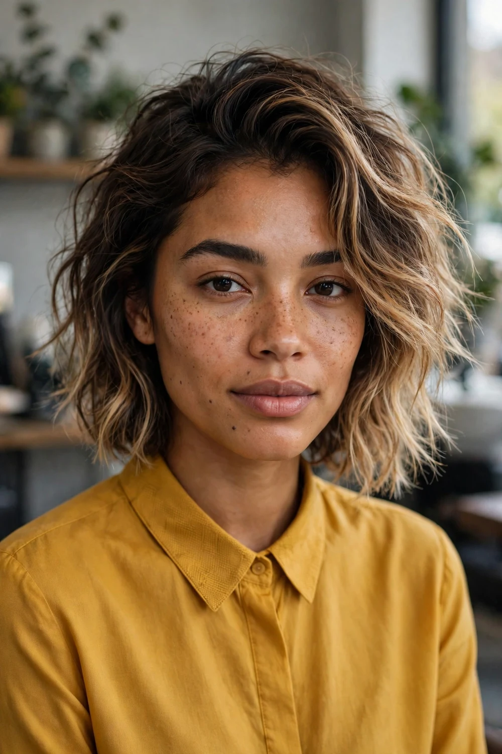 Woman with a modern textured lob showing piecey layers and warm blonde ends in dark brown medium-length hair