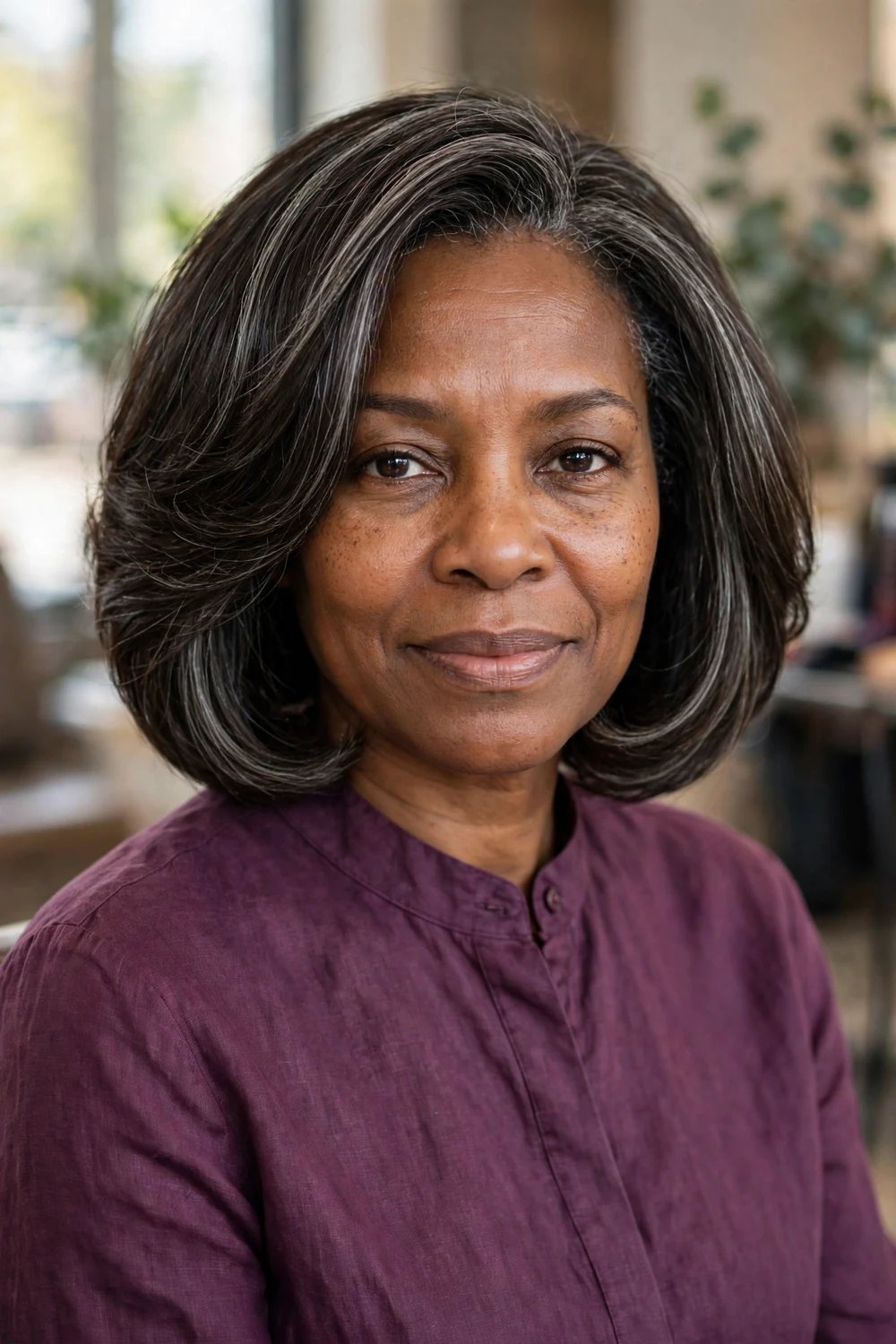 Woman with a rounded layered bob showing a curved silhouette and silver-gray highlights in dark brown hair