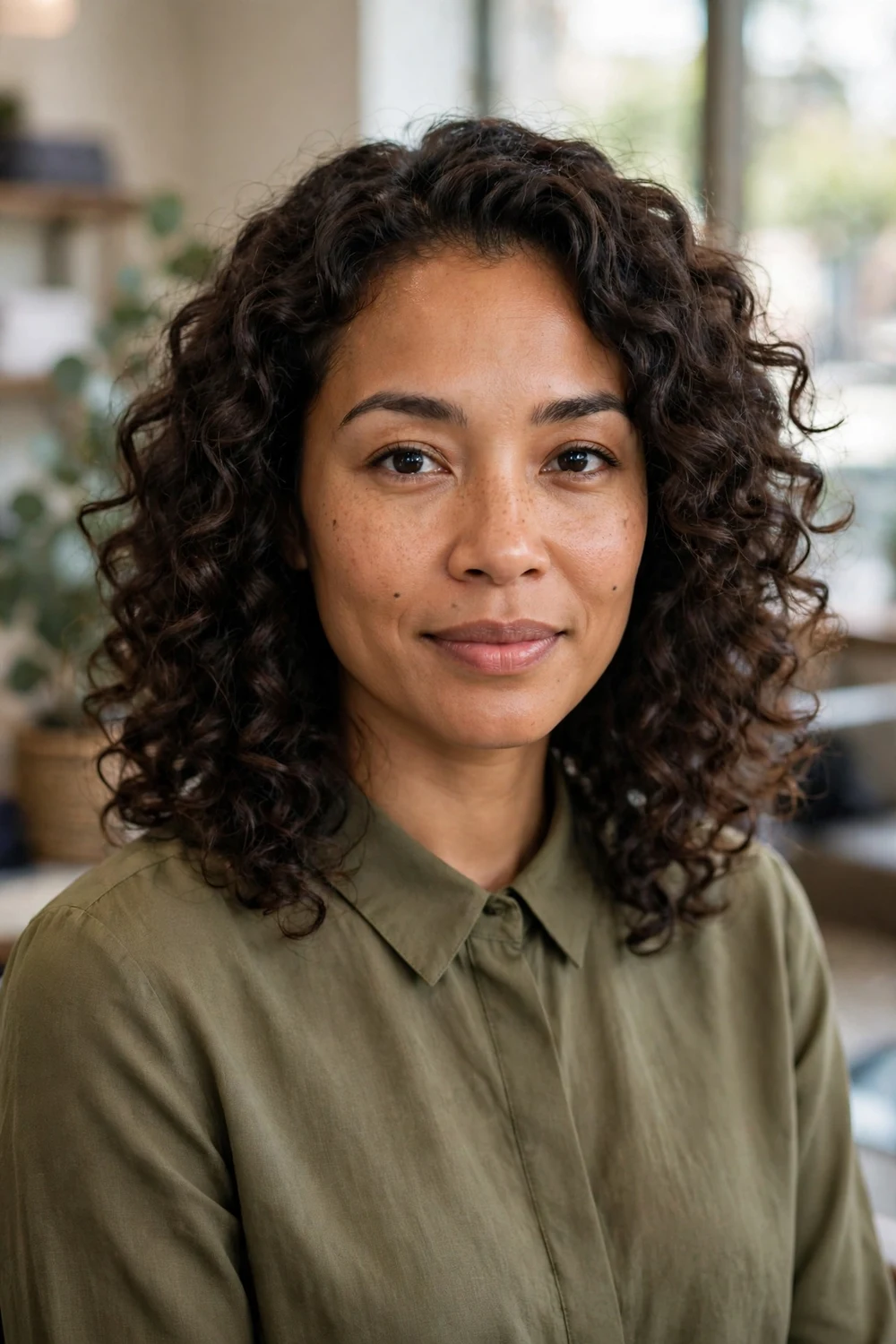 Woman with shoulder-length curly hair showing voluminous defined dark brown curls