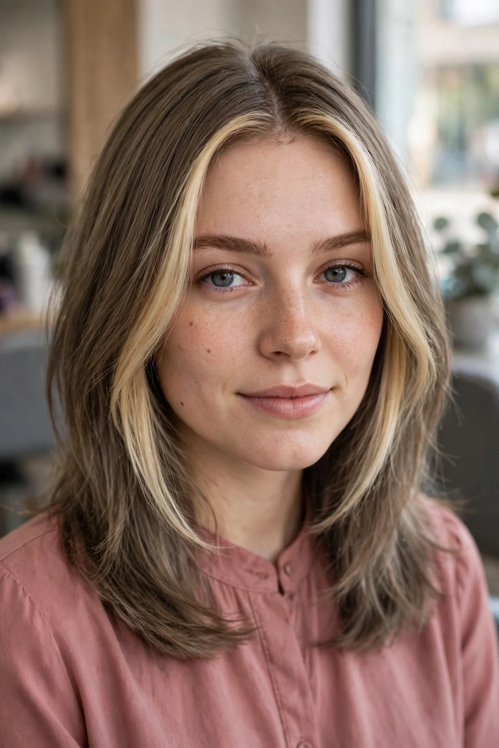 Woman with shoulder-length ash-brown hair featuring bright blonde money piece highlights framing the face