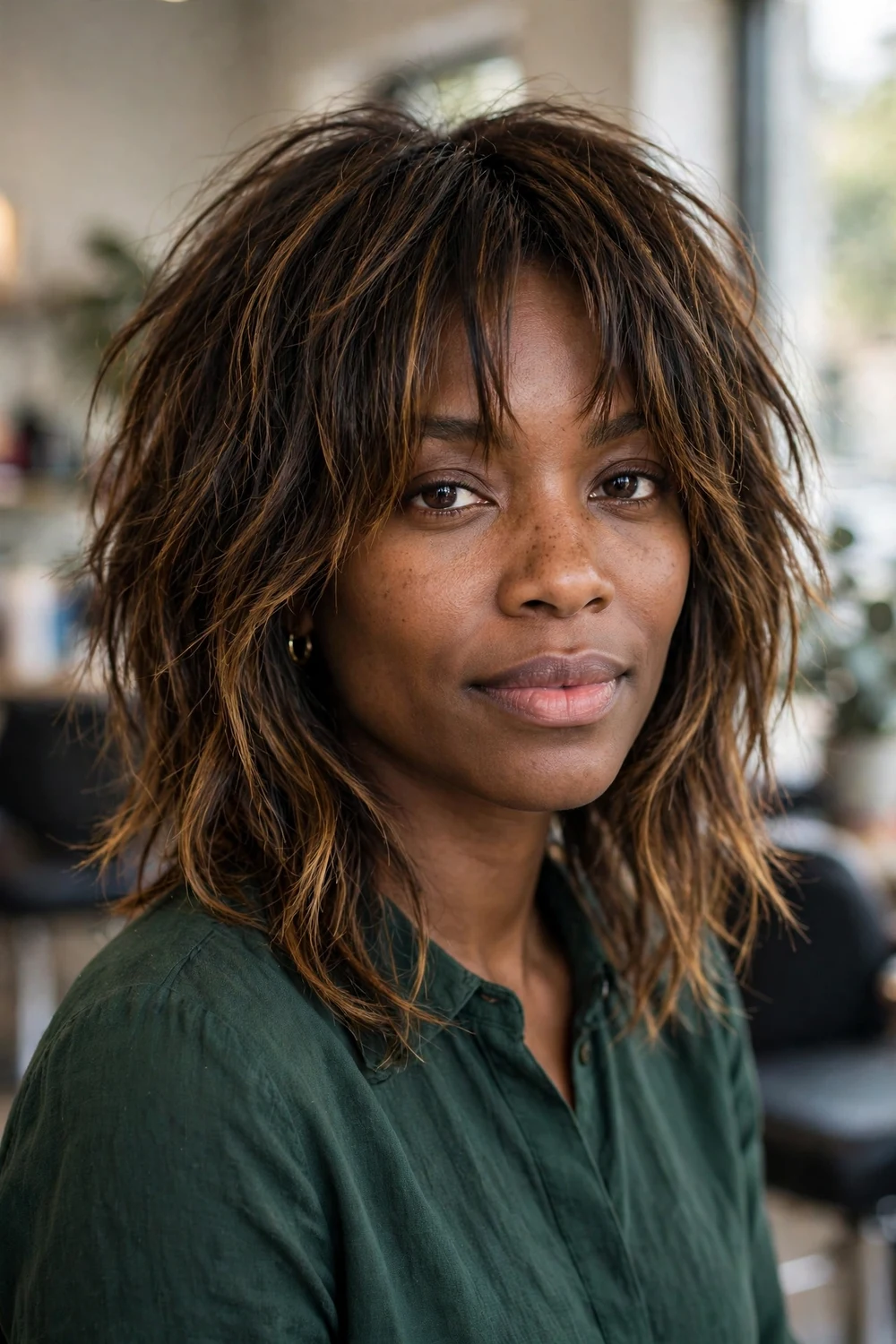Woman with a shoulder-length shag haircut showing choppy textured layers and caramel highlights