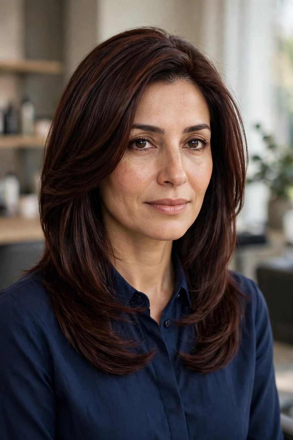Woman with a side-part layered cut in deep mahogany-brown medium-length hair with long sweeping layers