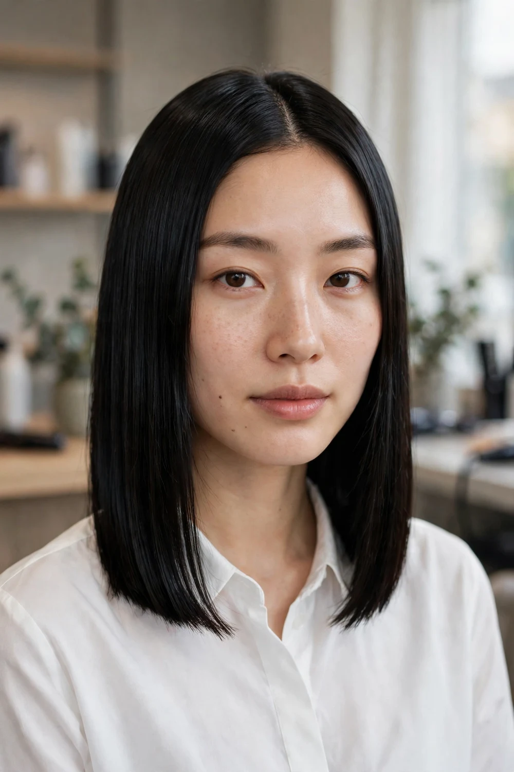 Woman with a sleek blunt lob haircut in jet-black straight medium-length hair with sharp one-length ends