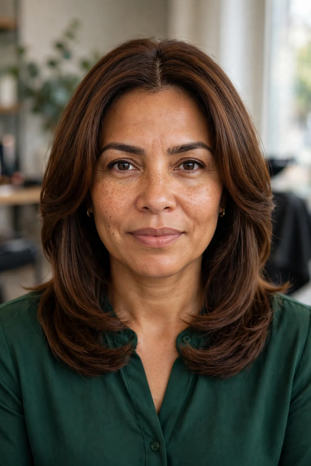 Woman with a soft U-shaped cut showing chestnut-brown medium-length hair in a rounded layered silhouette