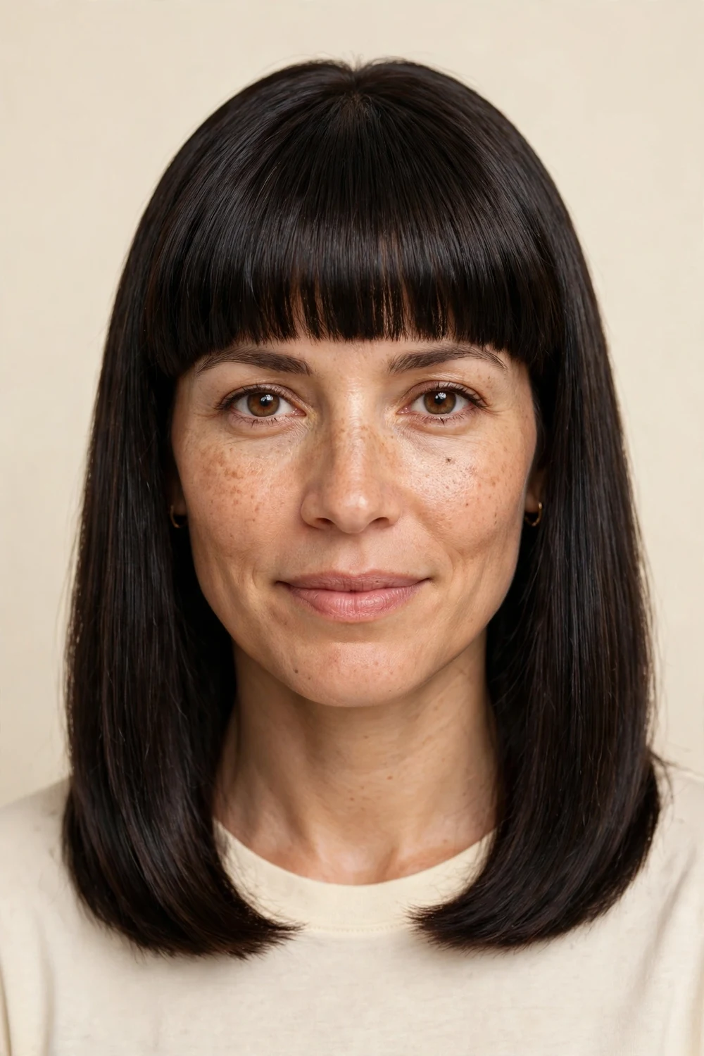Straight 90s-inspired mid-length cut with blunt full bangs