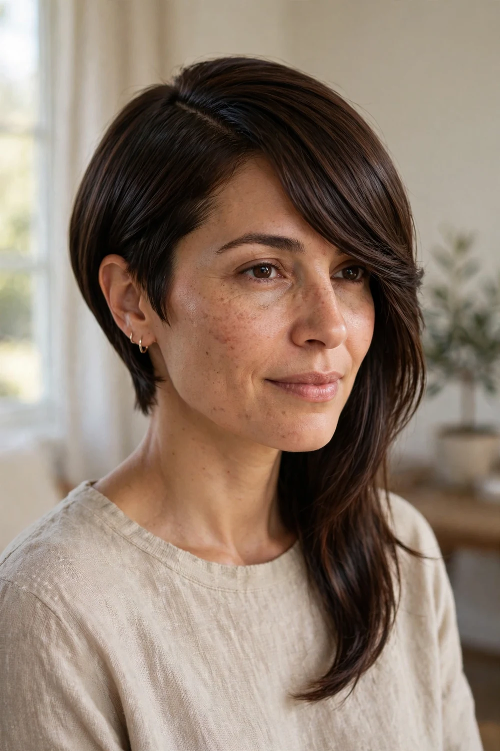 Angled lob longer in front with deep side-swept bangs