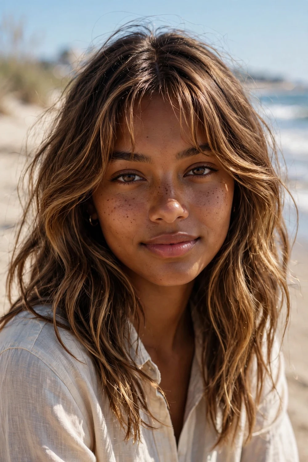 Beachy waves on mid-length hair with wispy curtain bangs