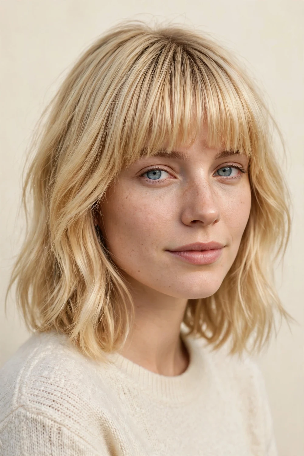 Mid-length blonde hair with thick full straight-across bangs