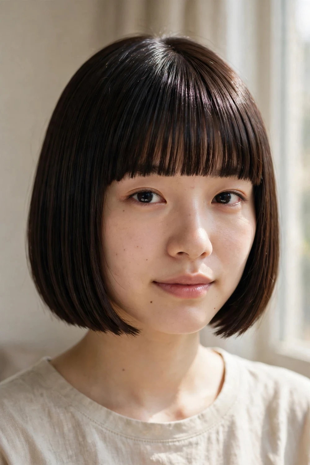 Blunt chin-length bob with straight-across classic blunt bangs
