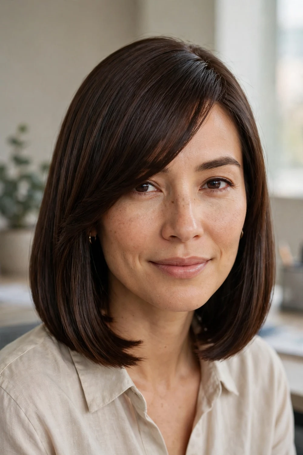 Blunt shoulder-length lob with long side-swept bangs
