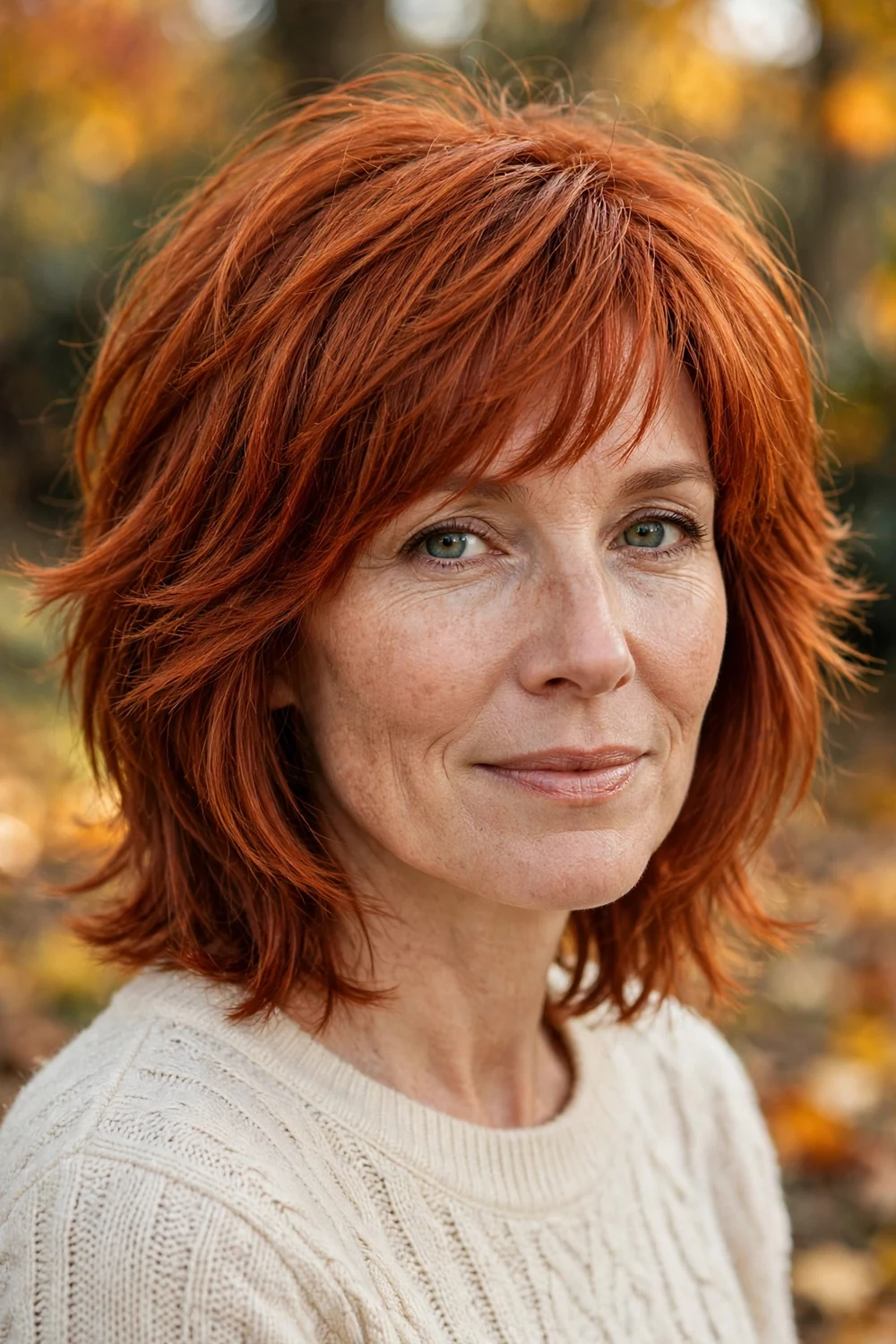 Classic mid-length shag with layers and wispy bangs