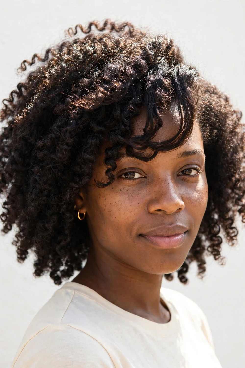 Curly mid-length cut with curly bangs swept to the side