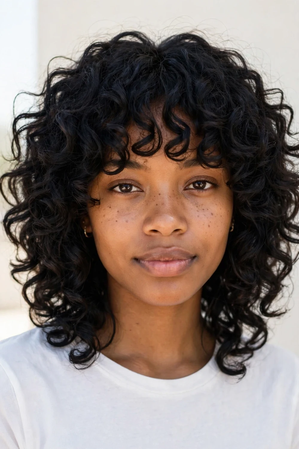 Curly shag haircut with a curly fringe at the forehead
