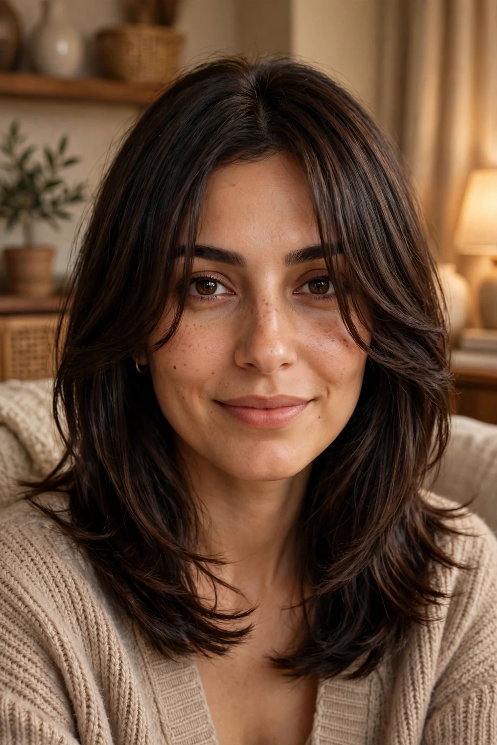 Mid-length hair with face-framing layers and parted curtain bangs