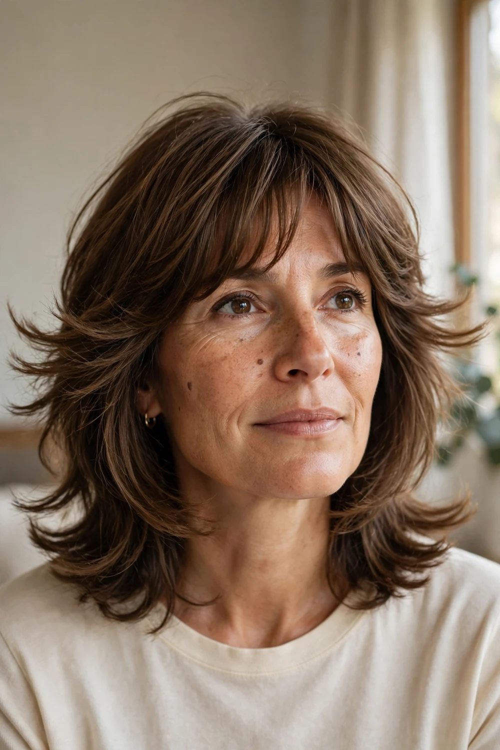 Feathered shoulder-length cut with matching feathered bangs