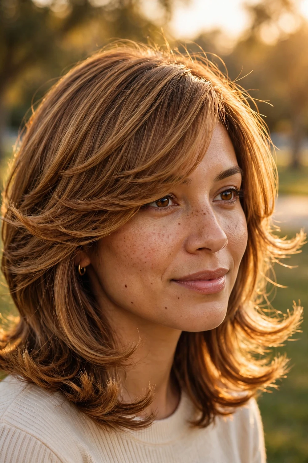 Mid-length layered cut with flipped-out ends and long side-swept bangs
