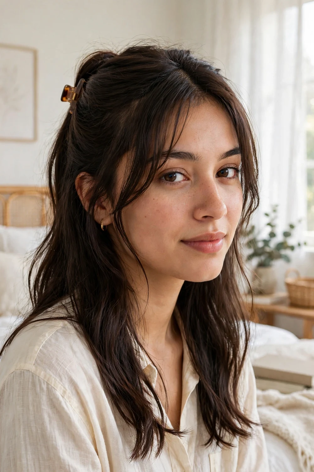 Half-up mid-length hairstyle with curtain bangs framing the face