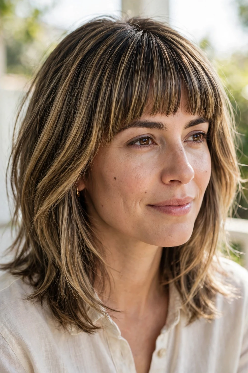 Layered mid-length hair with blunt full straight bangs