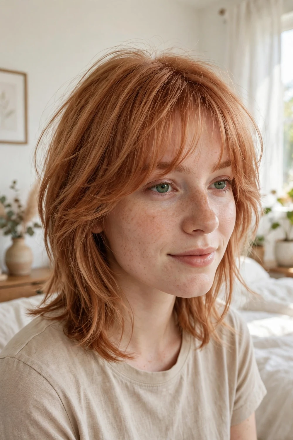 Layered mid-length haircut with soft wispy bangs