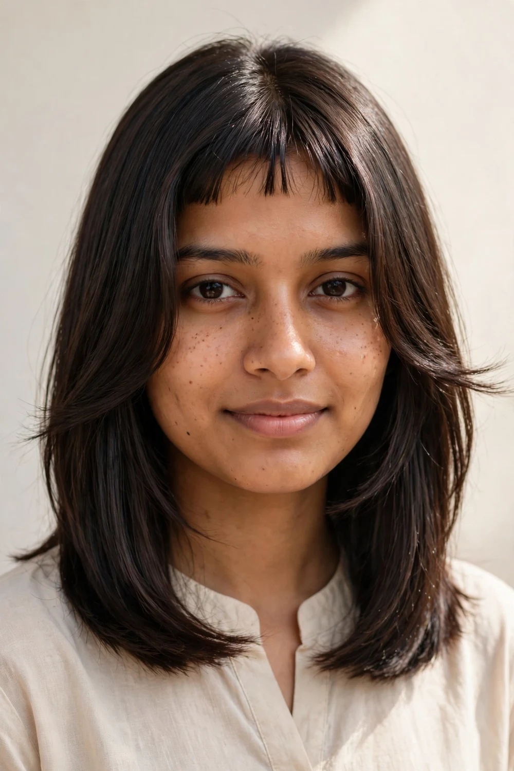 Collarbone lob with bottleneck bangs narrow at the top and wider at the cheeks
