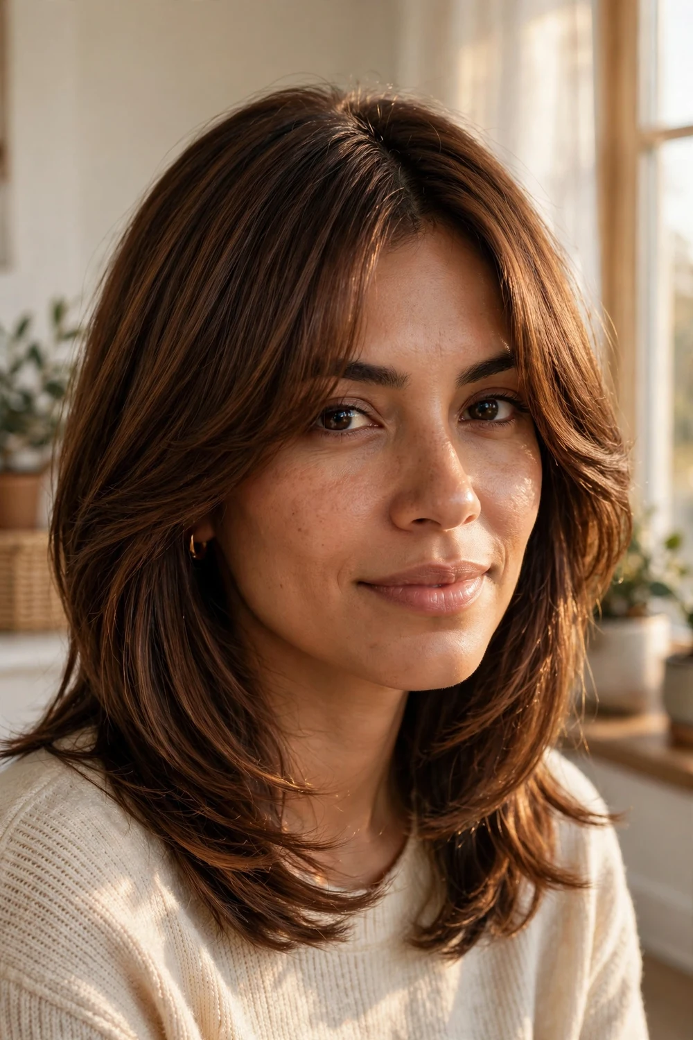 Shoulder-length layered hair with a long curtain fringe parted in the middle