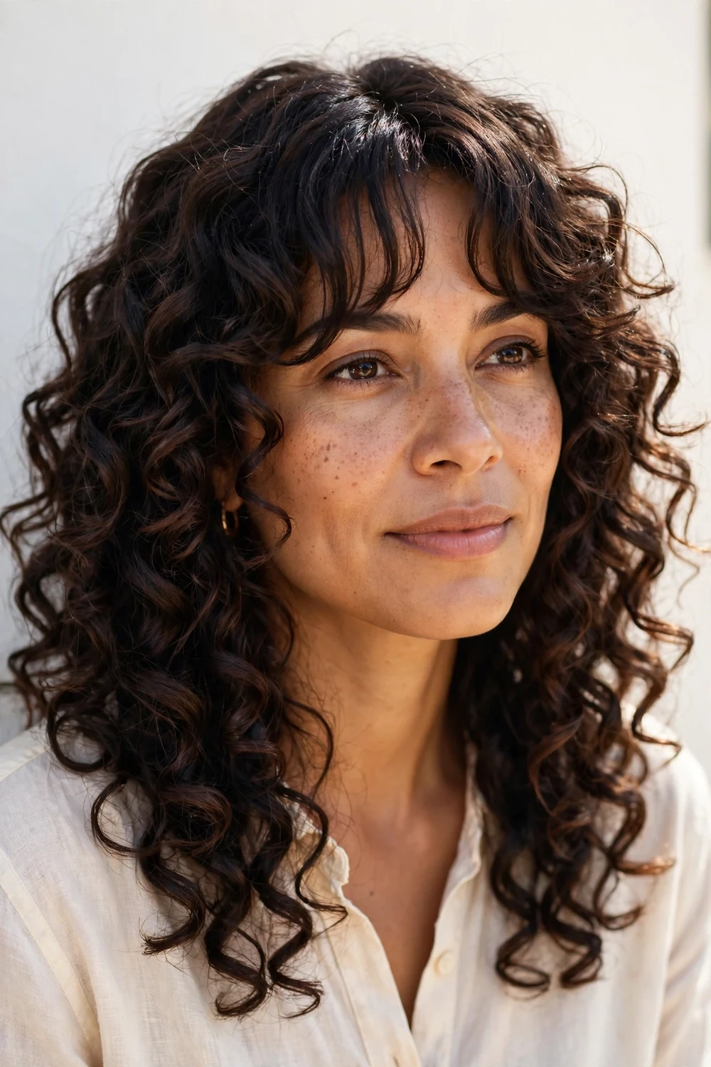 Long-layered curly mid-length hair with a face-framing fringe