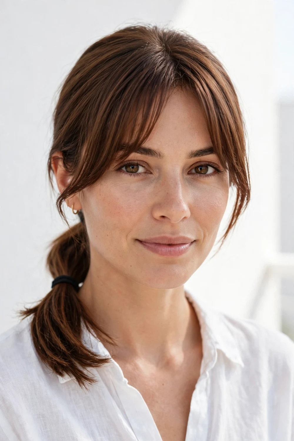 Low ponytail on mid-length hair with curtain bangs at the front